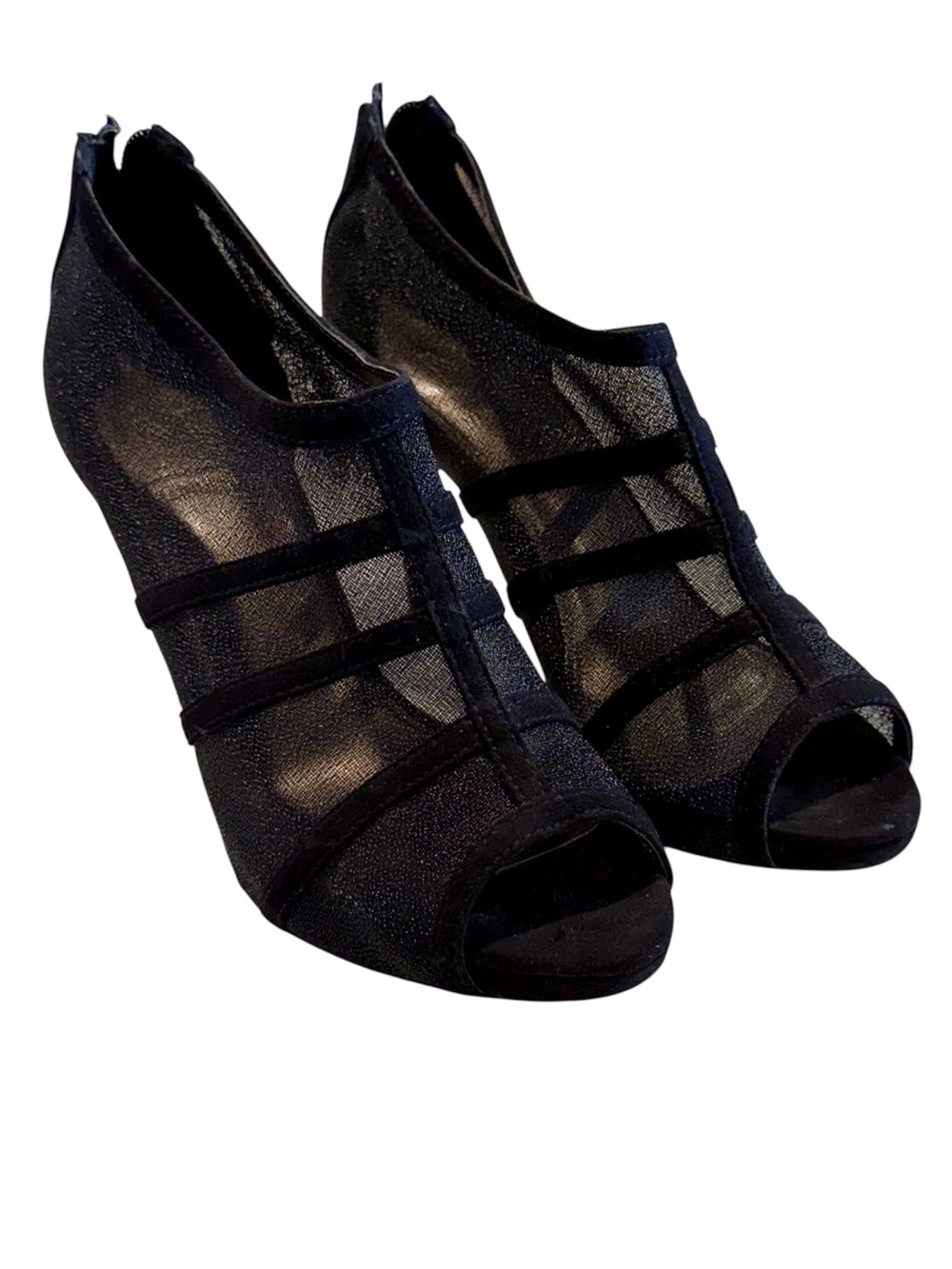 M by Marinelli Black Mesh Peep-Toe Strappy Heels - Size: 6.5